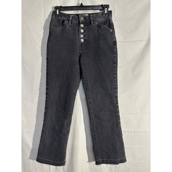 Free People Jeans Womens 25 Black Dylan High Rise Bootcut Button Fly Raw Hem - Picture 1 of 11